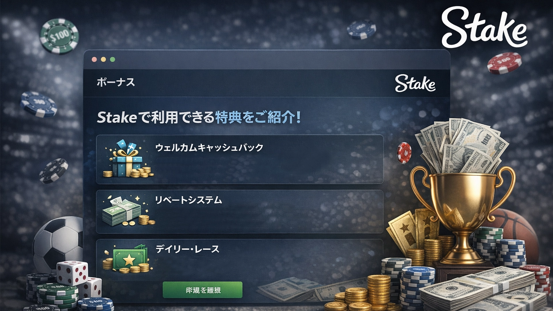 カジノおよびスポーツベッティングサイト「Stake」のボーナスプログラム。